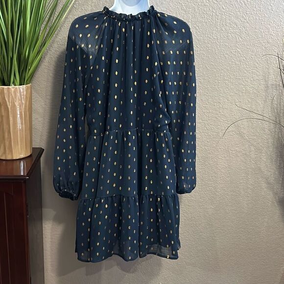 #542 Blu Pepper navy blue gold leaf, long sleeve, Boho style dress size medium - Picture 8 of 11